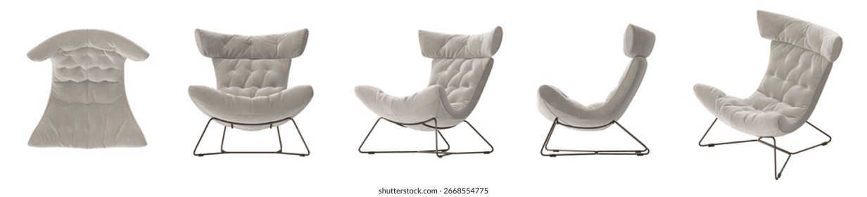 3D Render of a Modern White Lounge Chair with a Wireframe Base, Multi-Angle View