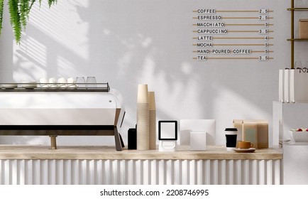 3D render modern white and wooden style cafe counter with espresso coffee making machine, stack of eco friendly paper cup, order touch screen computer. Morning sunlight, Bistro, Business, Space, Blank - Powered by Shutterstock