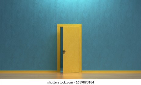 3d render the modern yellow wooden door open slightly in the blue wall.