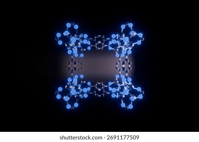 3D render of the MOF-5 metal–organic framework to show a cubic network of zinc clusters and organic linkers, illustrating the structure of a porous nanomaterial.