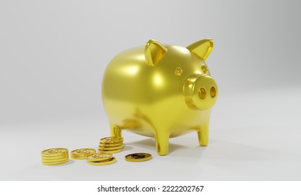 3d Render Money Jar Pig Gold With Money Dollar Coin Stack, White Background Concept Saving And Financial Business