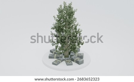 3D render of a money tree surrounded by bundles of cash placed on a gray background representing prosperity wealth business finance and future success