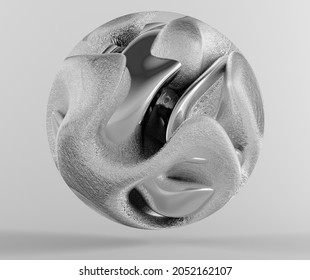 3d render of monochrome abstract art with surreal 3d organic ball in curve wavy smooth and soft bio forms in matte rough aluminium metal material with silver glossy parts, on grey background
