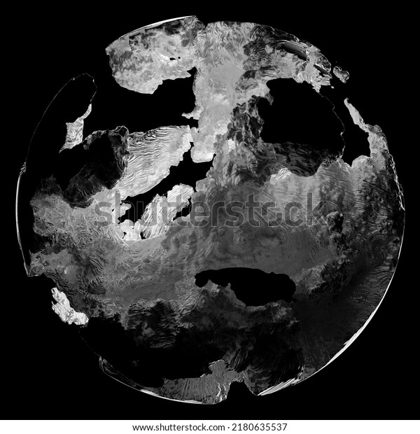 3d render of monochrome abstract art black and\
white damaged 3d ball planet earth , moon or asteroid in spherical\
shape with big crack in organic rough shape on surface on isolated\
black background