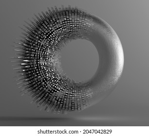 3d render monochrome black   white abstract art and surreal flying rough metal ring doughnut torus and deformed damaged part and sharp spikes dark grey background