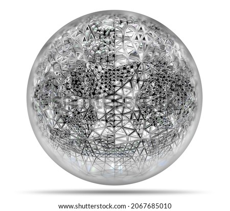 3d render of monochrome black and white surreal glass flying ball or sphere with metal wire fractal diamond triangles pattern construction inside on isolated white background