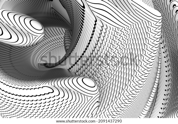 3d render of monochrome black and white abstract art with part of surreal spiral fractal duplicated object with round parallel black lines on surface create illusion effect 