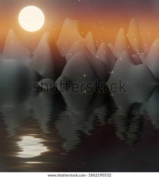 3D render of\
the moon dawn on a mountain\
lake