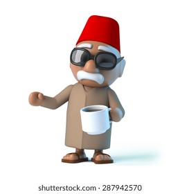 3d render of a Moroccan holding a cup of coffee.