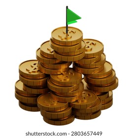 3D render of a mountain made of gold coins with dollar signs and a green flag on top, symbolizing wealth success, financial goals, and investment growth.
