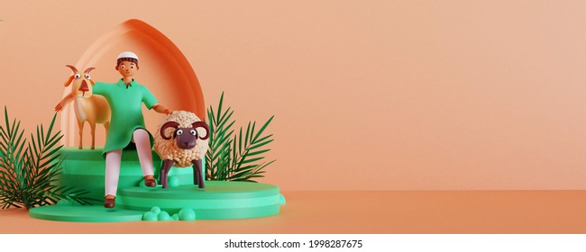 3D render of Muslim man with goat and sheep. Islamic festival of sacrifice Eid-Ul-Adha concept.