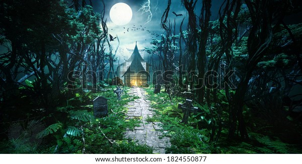 3d Render Mysterious Forest Path House Stock Illustration