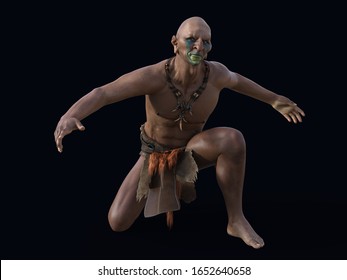 3D render of a Native American warrior crouched and spreparing for battle