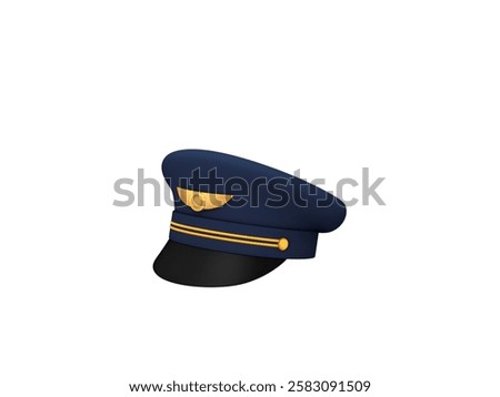3D render of a navy-blue pilot's hat with a golden wing emblem, a black visor, and yellow accents, designed in a professional cartoon-style illustration