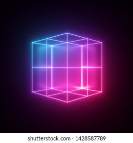 3d Render, Neon Abstract Background With Glowing Lines, Isolated Cube, Cyber Shape In Virtual Reality, Laser Show