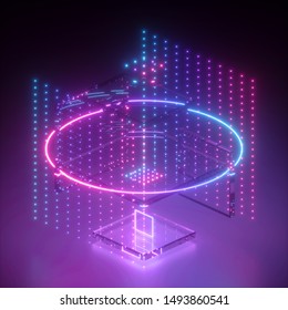 3d Render, Neon Abstract Background, Geometric Shapes In Ultraviolet, Virtual Blueprint, Pink Blue Violet Glowing Light, Glitch Effect, Cybernetic System, Digital Grid, Futuristic Computing Technology