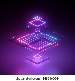 3d render, neon abstract background, geometric shapes in ultraviolet, virtual blueprint, pink blue violet glowing light, glitch effect, cybernetic system, futuristic computing technology