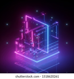 3d Render, Neon Abstract Background, Geometric Shapes In Ultraviolet, Virtual Blueprint, Pink Blue Glowing Light, Glitch Effect, Cybernetic System, Futuristic Computing Technology