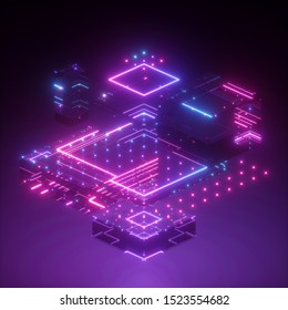 3d Render, Neon Abstract Background, Geometric Shapes In Ultraviolet, Virtual Blueprint, Pink Blue Glowing Light, Glitch Effect, Cybernetic System, Futuristic Computing Technology