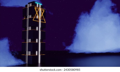 3d render of neon building at dim night with clouds.