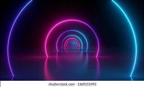 3d render, neon light abstract background, round portal, rings, circles, virtual reality, ultraviolet spectrum, laser show, fashion podium, stage, floor reflection