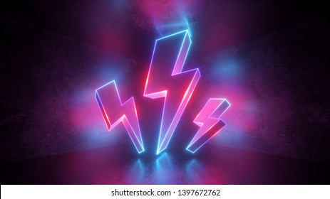 3d render, neon light abstract background, glowing thunderbolt, electricity power symbol, lightning sign, power symbol