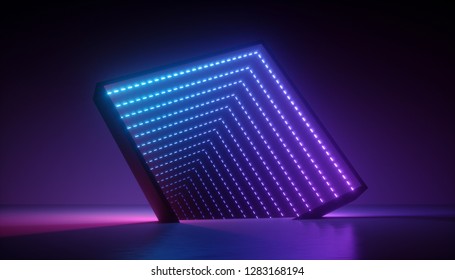 3d Render, Neon Light Box, Tunnel, Corridor, Square Portal, Ultraviolet Spectrum, Abstract Background, Virtual Reality Environment, Laser Show, Fashion Podium, Path, Way, Stage, Floor Reflection