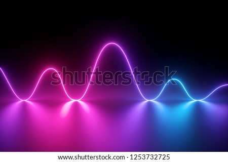 3d render, neon light, laser show, impulse, chart, ultraviolet spectrum, pulse power lines, quantum energy, pink blue violet glowing dynamic line, abstract background, reflection