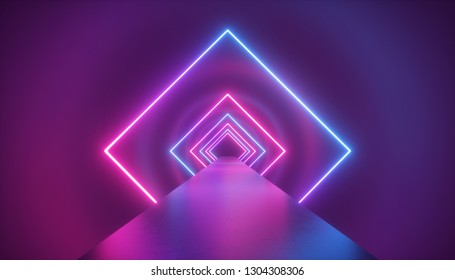 3d Render, Neon Light, Rhombus, Virtual Reality, Square Esoteric Portal, Tunnel, Corridor, Ultraviolet Abstract Background, Laser Show, Fashion Podium, Path, Way, Stage, Road, Floor Reflection