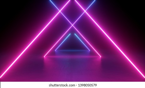 3d Render, Neon Light Rods, Pink And Blue Lines, Tunnel In Virtual Reality, Triangular Corridor, Ultraviolet Abstract Background, Laser Show Stage, Fashion Catwalk Podium, Road