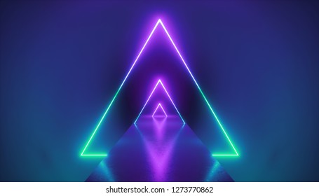 3d Render, Neon Light Triangle, Virtual Reality, Triangular Esoteric Portal, Tunnel, Corridor, Ultraviolet Abstract Background, Laser Show Stage, Fashion Catwalk Podium, Road, Way, Floor Reflection