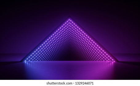 3d Render, Neon Light Triangle, Ultraviolet Abstract Background, Triangular Esoteric Portal, Tunnel, Corridor, Virtual Reality, Laser Show Stage, Fashion Catwalk Podium, Road, Way, Floor Reflection