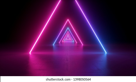 3d Render, Neon Light Triangle, Virtual Reality, Triangular Esoteric Portal, Tunnel, Corridor, Ultraviolet Abstract Background, Laser Show Stage, Fashion Catwalk Podium, Road, Way, Floor Reflection