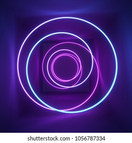 3d render, neon light, tunnel, laser show, illumination, glowing wavy lines, abstract fluorescent background, optical illusion, room, corridor, night club interior