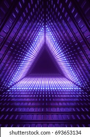 3d Render, Neon Lights, Blue Triangle Tunnel, Abstract Geometric Background