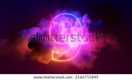 3d render, neon linear number nine and colorful cloud glowing with pink blue neon light, abstract fantasy background