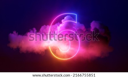 3d render, neon linear number six and colorful cloud glowing with pink blue neon light, abstract fantasy background