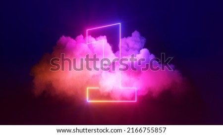 3d render, neon linear number one and colorful cloud glowing with pink blue neon light, abstract fantasy background
