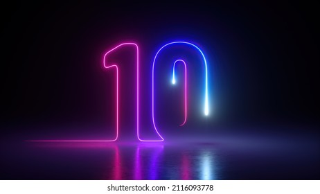3d render  neon number ten glowing in the dark and ultraviolet light  pink blue gradient laser ray