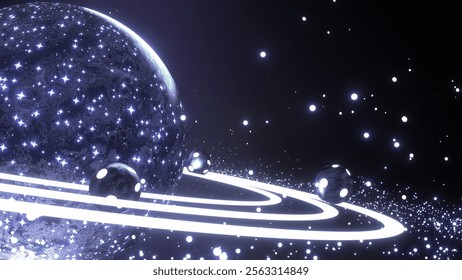 3D render neon sci fi planet with spheres rolling along the orbit in the galaxy.