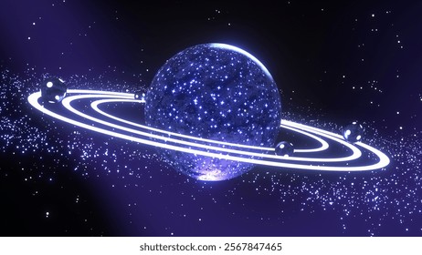 3D render neon sci fi planet with spheres rolling along the orbit in the galaxy.