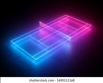 3d Render, Neon Tennis Court Scheme, Sportive Game Virtual Sport Playground Perspective View, Pink Blue Glowing Line Over Black Background.