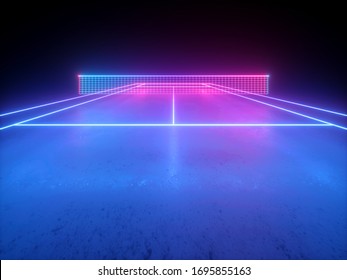 3d render, neon tennis court scheme with net, virtual sport playground perspective view, sportive game, pink blue glowing line over black background.