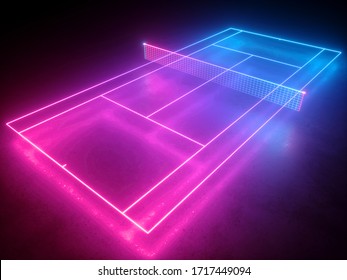 3d Render, Neon Tennis Court Scheme With Net, Virtual Sport Playground Perspective Angle View, Sportive Game, Pink Blue Glowing Line Over Black Background.