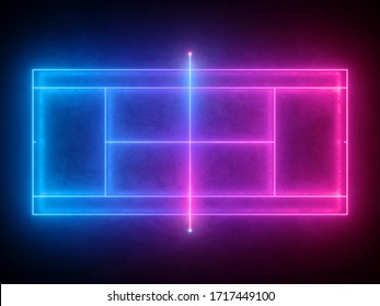 3d Render, Neon Tennis Court Scheme With Net, Virtual Sport Playground Top View, Sportive Game, Pink Blue Glowing Line Over Black Background.