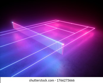 3d Render, Neon Tennis Court Scheme With Net, Virtual Sport Playground Perspective View, Sportive Game, Pink Blue Glowing Line Over Black Background.