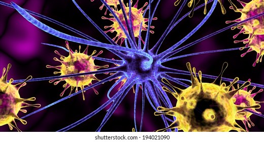 3d Render Of A Nerve Cell Attacked By Virus, Bacteria. 