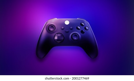 3D render. New generation game controller on blue and pink background.