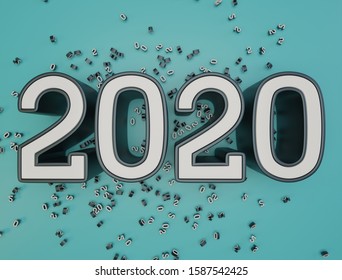 3D render of a New Year 2020 digits in bright background TOP DOWN with depth of field and motion blur.