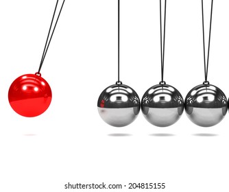 3d Render Of A Newtons Cradle With One Red Ball In Motion